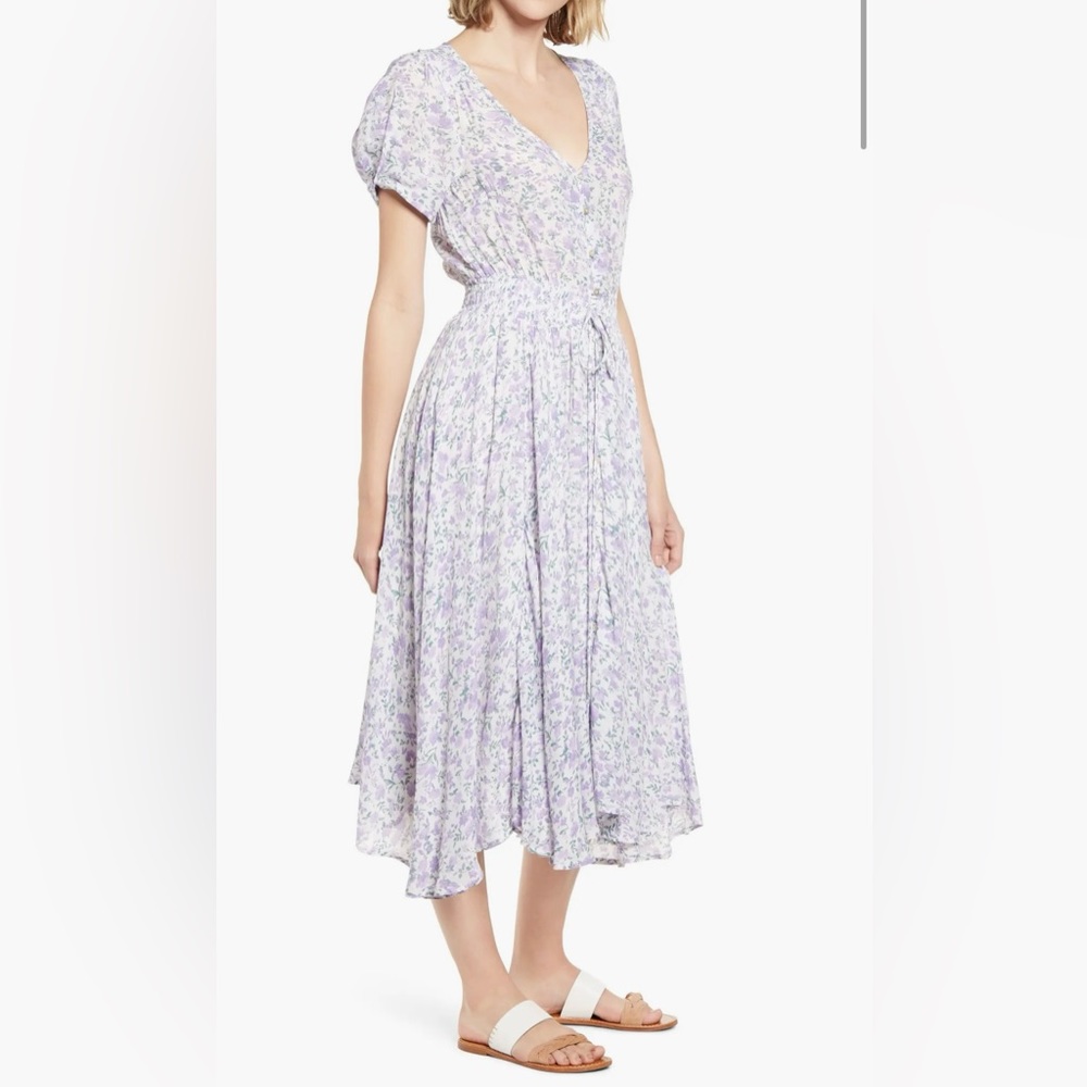 ROXY FLORAL SMOCKED MIDI DRESS IN PURPLE/WHITE/GREEN